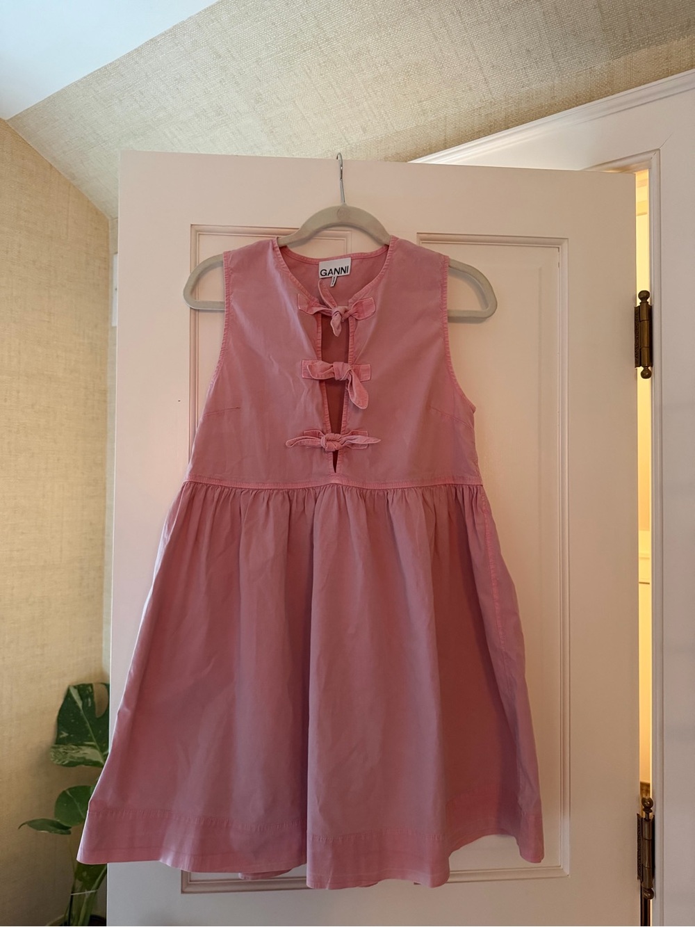 GANNI - Pink Sleeveless Bow-Tie Summer Dress, Size Small - Picture 2 of 3